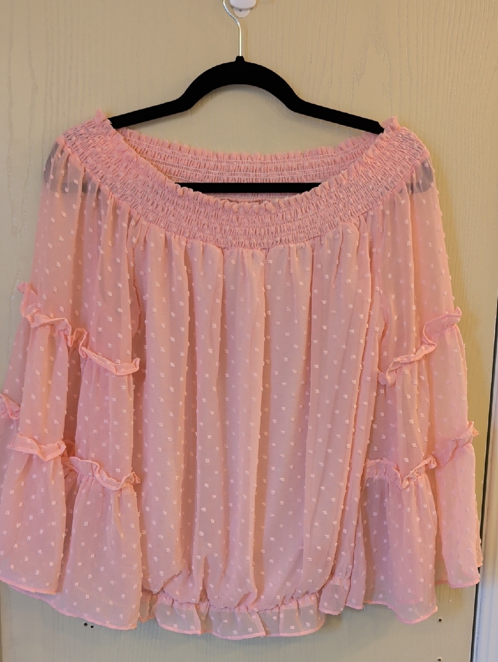 Pink Swiss Dot Off-Shoulder Sheer Blouse Size M Cottagecore Ruffle Bell Sleeves